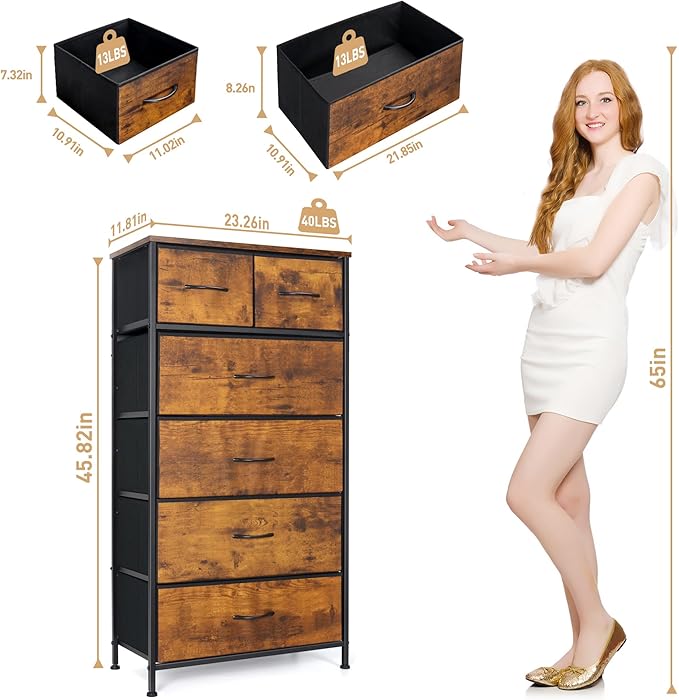 Mifuro Tall Dresser for Bedroom, Vertical Storage Organizer Tower with 6 Drawers, Chest of Drawers with Fabric Bins, Steel Frame, Wood Top for Bedroom, Closet, Entryway- Rustic Brown
