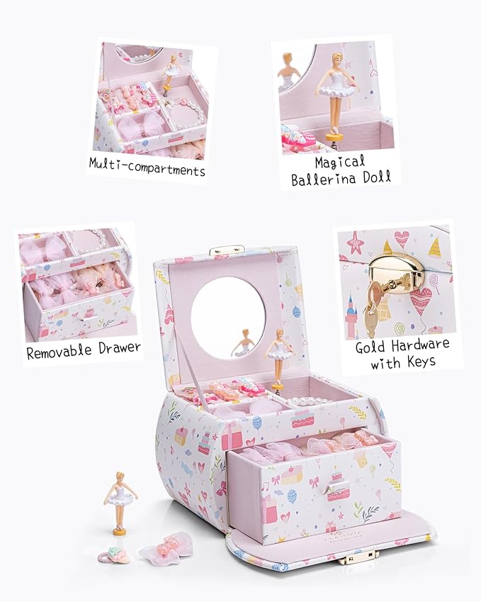 VLANDO Musical Jewelry Box for Girls Kids with Drawer, Music Box with Ballerina and Stickers for Birthday Bedroom Decor, Fantasy Princess