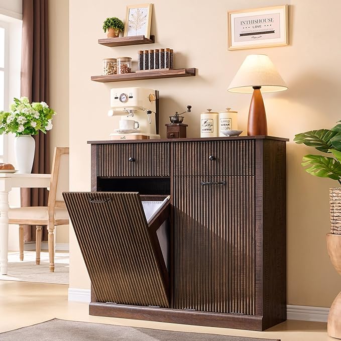IFBUY Modern Double Tilt-Out Laundry Hamper Cabinet, 20 Gallon Fluted Trash Can Cabinet w/2 Drawers, Wooden Hidden Garbage Can Cabinets w/Laundry Basket, Free Standing for Bathroom and Kitchen, Brown