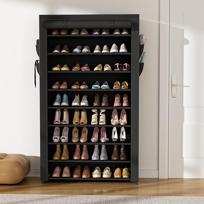 VILICK Shoe Rack with Cover Narrow Shoe Organizer with Pockets 10 Tier Tall Shoe Storage Holds 36-41 Pairs Shoes and Boots Shoe Rack for Closet Entryway Garage, Black