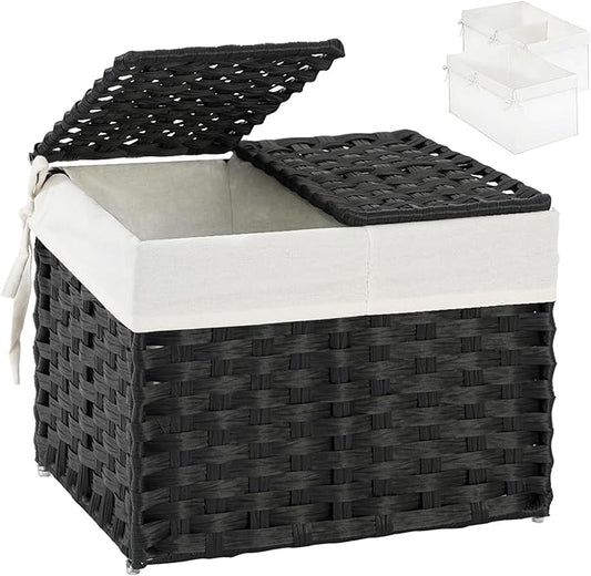 SETVSON Storage Basket with Lid Woven Wicker Baskets with 2 Separate Lid, 9.2 Gallon (35 L) Wicker Storage Bins with Handles, Foldable and 2 Removable Liner Bags for Bedroom, Laundry Room Black