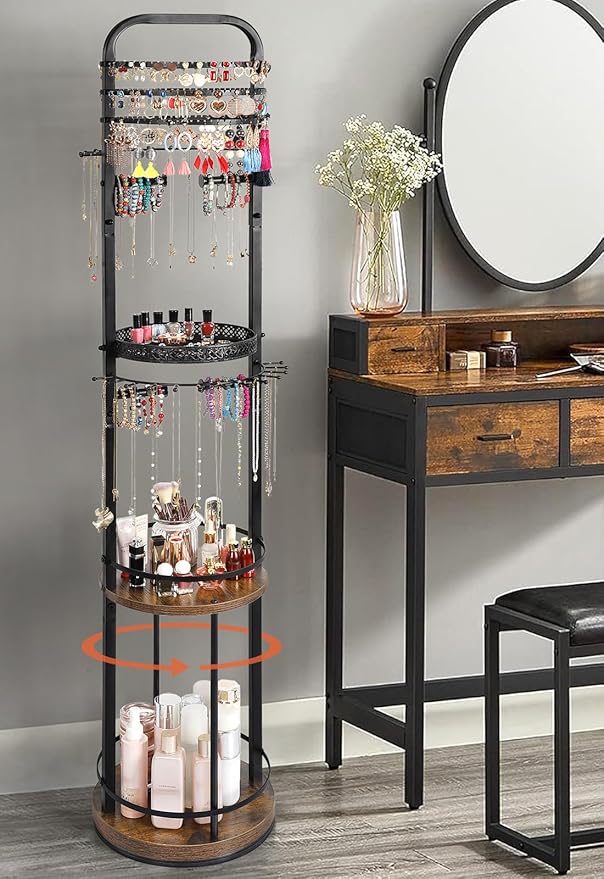 Jewelry Holder Organizer, Floor Jewelry Organizer with Earring Organizer Necklace Holder, Rotating Jewelry Stand Necklace Display Earring Storage, Large Hanging Jewelry Tree for Jewlery Bracelet Ring