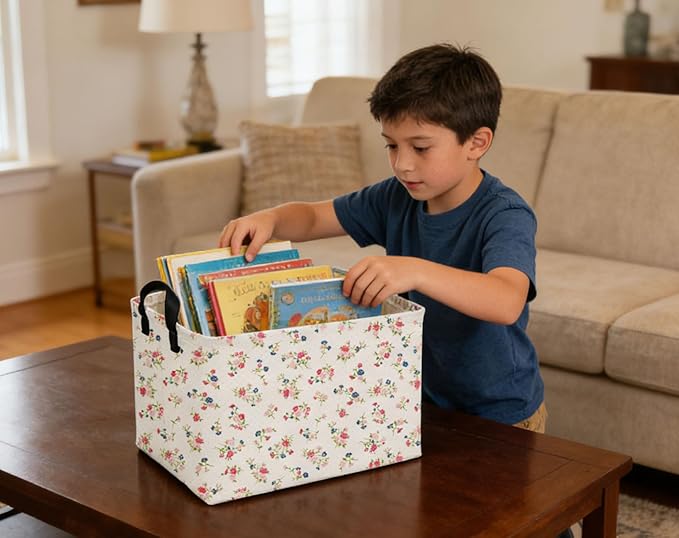 Rectangular Kids Baskets Flower Basket Cute Storage Bins Organizer Box Boys Room Decor for Home.(Dot flower)