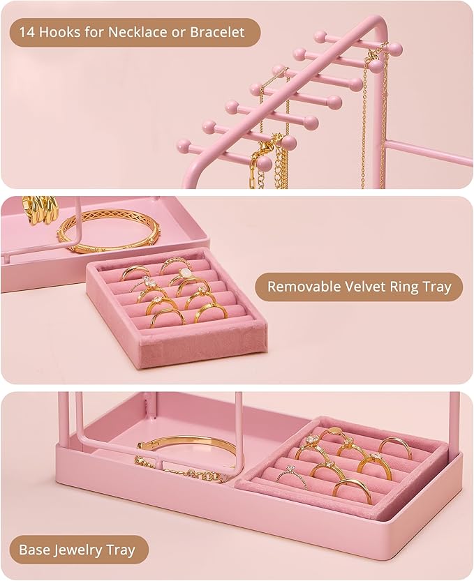 ProCase Jewelry Stand Holder Organizer, Jewelry Display Storage with Ring Tray, Rotating Earring Bracelet Necklace Holder, Valentine's Gifts Room Dorm Decor for Teen Girls -Pink (No-Assembly)