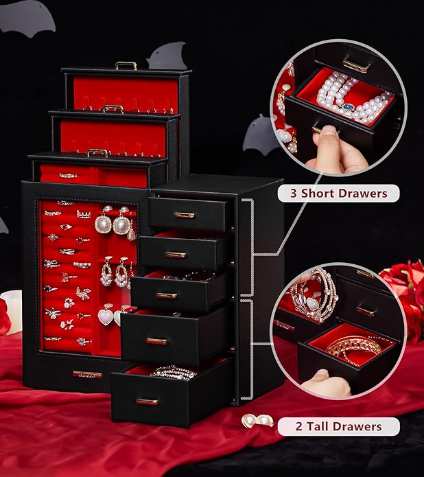 Homde Large Jewelry Box/Organizer/Case with Glass Window, Drawers for Necklaces Earrings Rings Bracelets Watches Gift for Women Girls