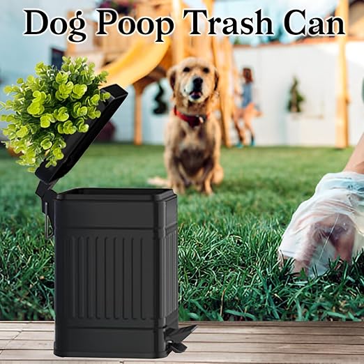 Tegneo Small Trash Can with Lid, Plant-Styled Outdoor Dog Poop Trash Can Outside, Farmhouse Retro Metal Garbage Can for Bathroom Office, Dog Waste Container with Pedal, Soft Close, 5L/1.3 Gal, Black
