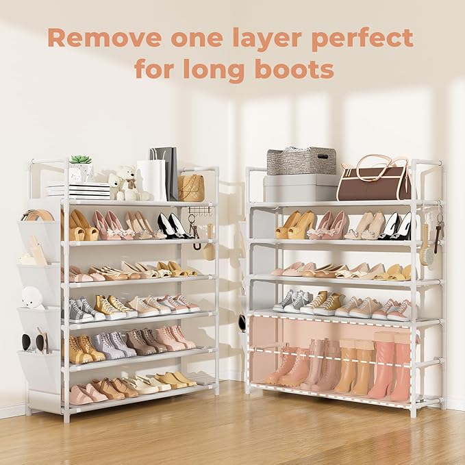 LANTEFUL 6 Tier Shoe Rack Storage for 24-30 Pairs Shoe and Boot, Shoe Organizer with Hook and Side Pocket Free Standing Long Shoe Shelf Tall Shoe Rack Organizer for Closet, Entryway, Dorm, White