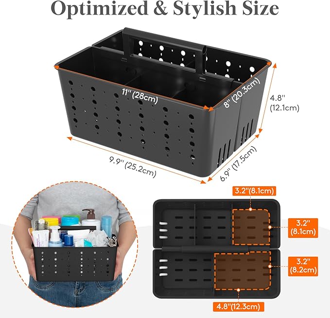 Lifewit Shower Caddy Portable, Cleaning Supplies Caddy Organizer with Handle and Adjustable Dividers, Plastic Shower Basket for Dorm Room Essentials, College, Bathroom, Black, 1 Pack