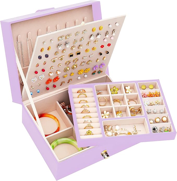 Earrings Jewelry Box for Girls, Large Capacity Jewelry Organizer with 40-Pair Earring Board, 2-Layer Leather Jewelry Storage Box for Necklaces Rings Bracelets with Removable Tray, LightPurple