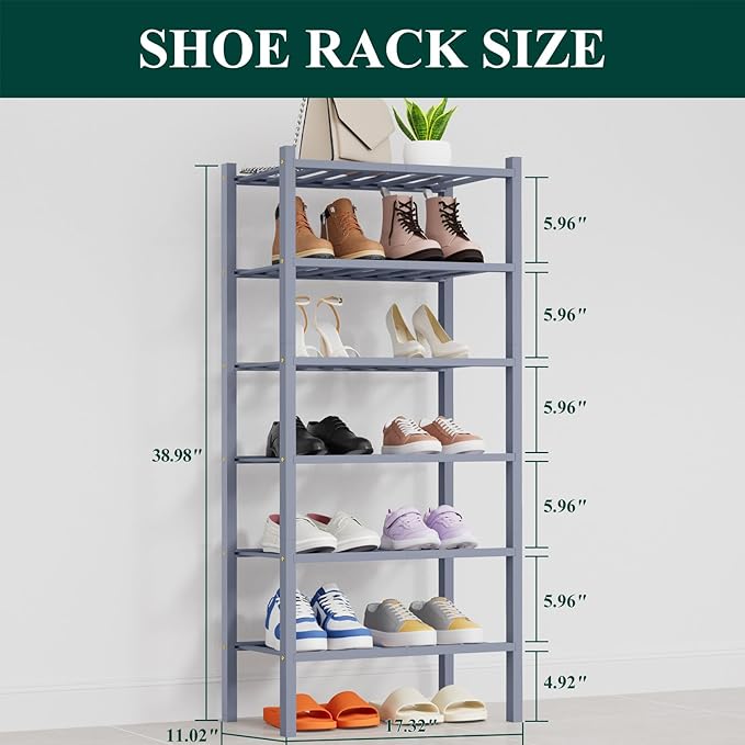 Smiry Shoe Rack, 6 Tier Thick Small Bamboo Shoe Organizer, Stackable Free Standing Wooden Shoe Storage Shelf for Closet, Entryway, Front Door Entrance, Grey