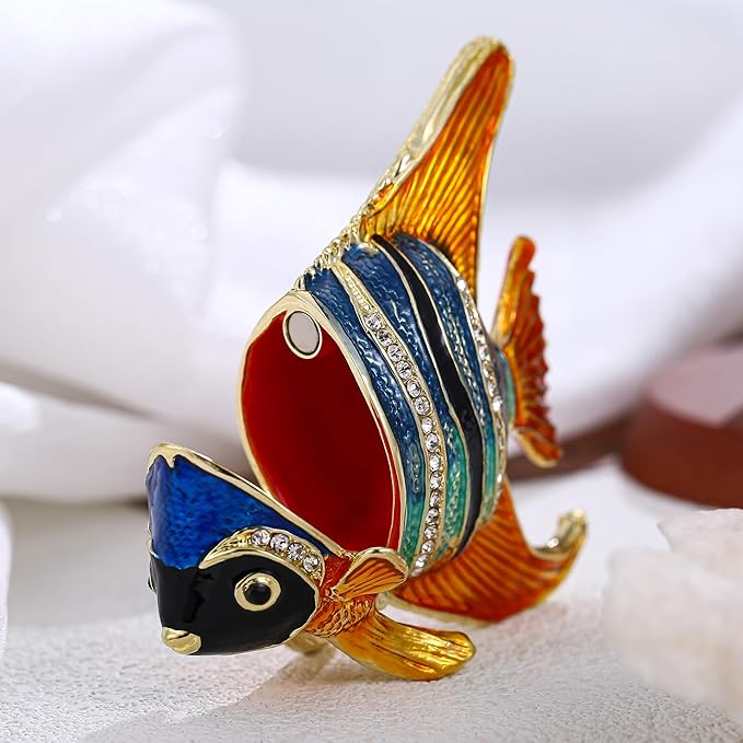 Hand Painted Animal Trinket Box for Home Decor, Hinged Jewelry Organizer Storage, Unique Personalized Collectible Keepsake Figurine Handmade Decorative Ornament Gifts (Angelfish)