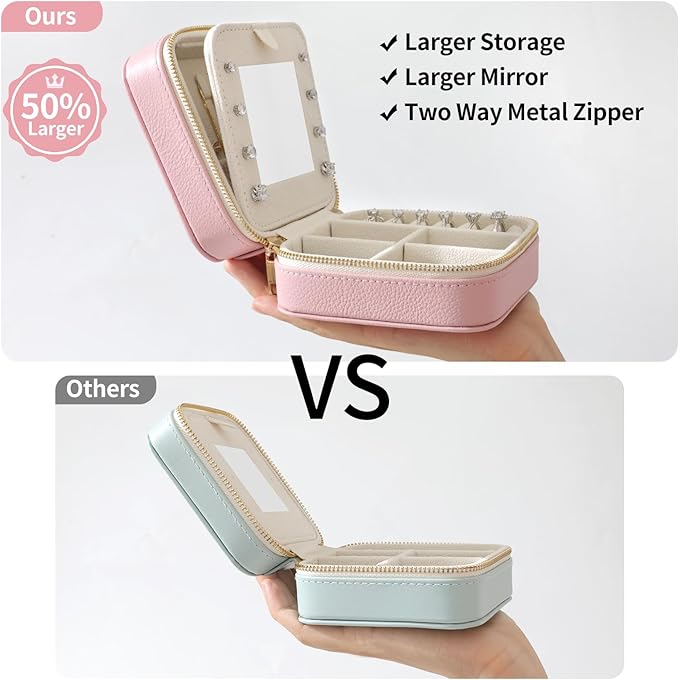 Genuine Leather Travel Jewelry Organizer Case with Mirror for Women, Small Mini Portable Jewelry Box for Ring Earrings Necklace Bracelet Luxury Gift for Women（Burgundy）