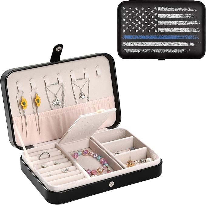 Jewelry Box Vintage American Flag Black Travel Jewelry Organizer for Women Portable Travel Jewellery Holder for Earring Ring Necklaces Birthday Valentines Easter Christmas Gift