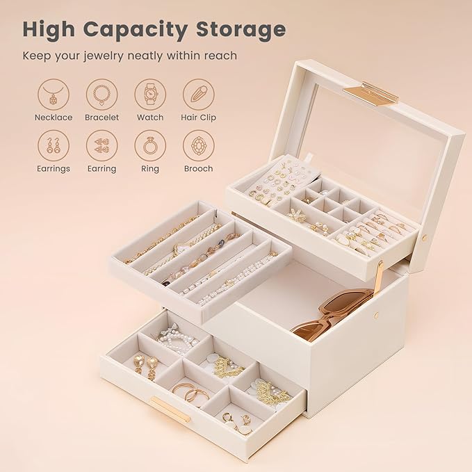 Lolalet Jewelry Box, Clear Window Jewelry Organizer with Drawer for Earrings Bracelets Necklaces Rings, Jewelry Storage for Women -White, 3 Layers