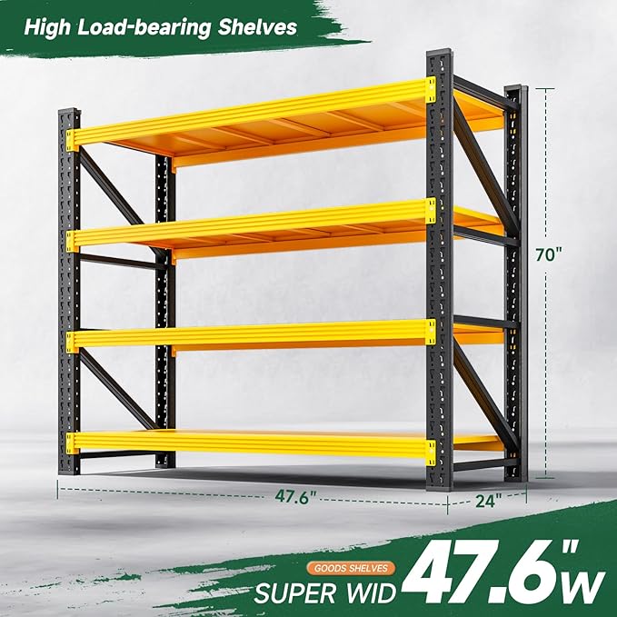 Letaya 3000LBS Heavy Duty Storage Shelves,70" H Metal Garage Shelving Units,4 Tier Large Tall Industrial Shelving,Adjustable Utility Rack Shelf for Warehouse,Basement (Yellow, 48" W x 24" D x 70" H)