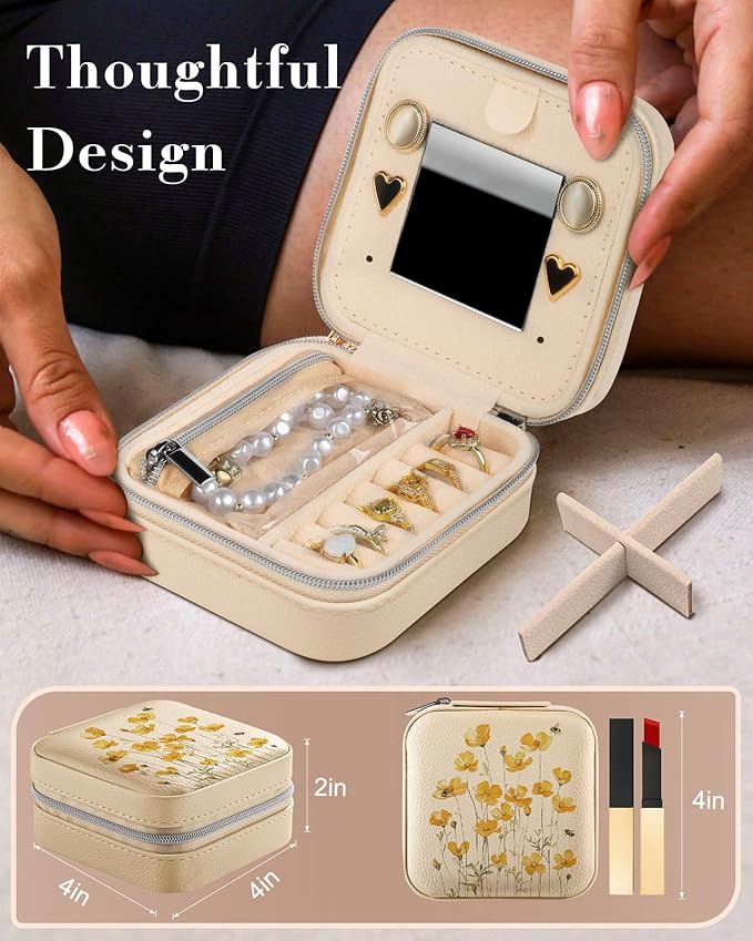 Bistup Travel Jewelry Case - Small Jewelry Organizers and Storage Box for Women Girls Teens Cute Traveling Jewelry Holder with Mirror Little Tiny Compact Yellow Flower Pretty Modern Unique Aesthetic