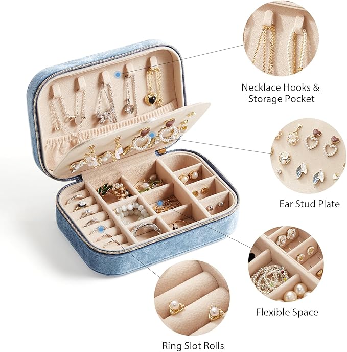 CASEGRACE Plush Velvet Travel Jewelry Box, Portable Jewelry Case for Women Girls, Double Layer Jewelry Organizer Display Box for Necklace Earring Rings Bracelet, Travel Accessory Gifts, blue