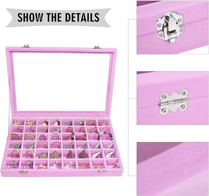 Siveit Velvet Jewelry Tray 48 Grid Jewelry Display Tray Organizer Box with Transparent Lid Rings Earrings Necklaces Pendants Display Box Suitable for Women and Girls (Pink)
