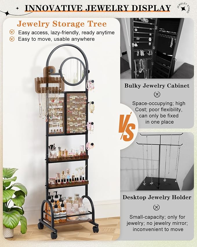 Mirror Jewelry Cabinet Standing, Jewelry Organizer and Storage with Jewelry Mirror, Jewelry Armoire with Earring Organizer Necklace Holder Bracelet Display, Large Tall Stand Up Jewelry Box Stand Tree