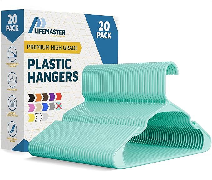 Lifemaster Plastic Clothes Hangers – Heavy Duty Hanger Set, for Organizing Clothes, Dresses, and Coat, Holds Up to 5 lbs, Space-Saving Hangers with Non-Slip Shoulder Grooves, Pack of 20, Aqua
