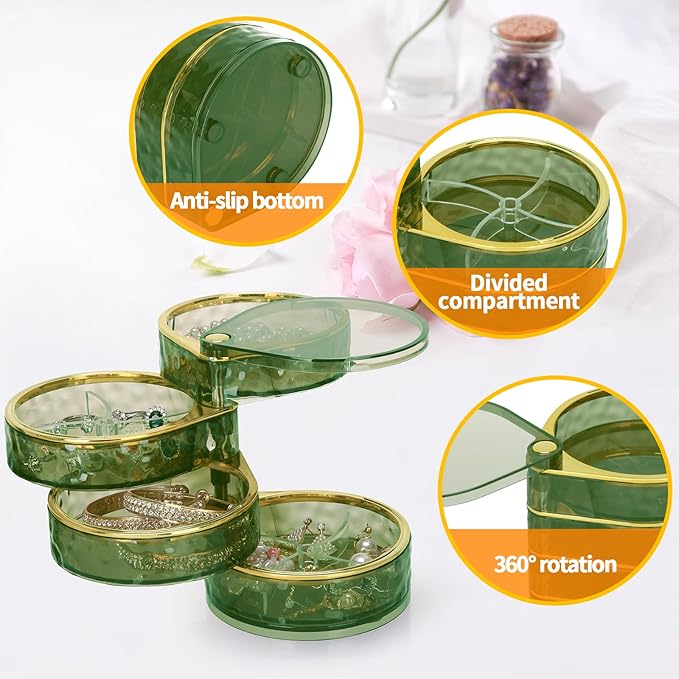 LETURE 4-Layers Rotatable Jewelry Organizer Storage Box, Clear Jewelry Holder Case for Ring Earring Necklaces Bracelets Makeup Hair Accessories