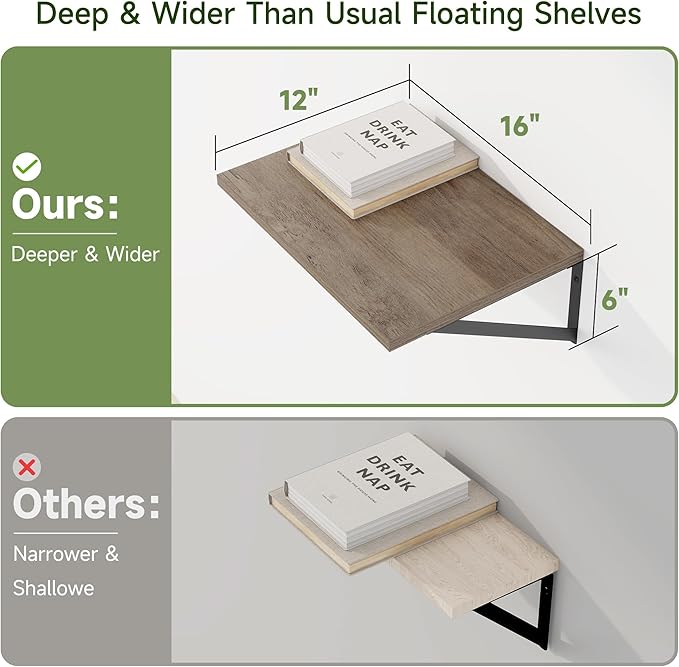 Heimlove 12 Inch Deep Floating Shelves for Wall, 16W x 12D Wide Floating Shelves Heavy Duty Wall Mounted Shelves, Wood Wall Shelves for Living Room Bedroom Bathroom Kitchen- Set of 4