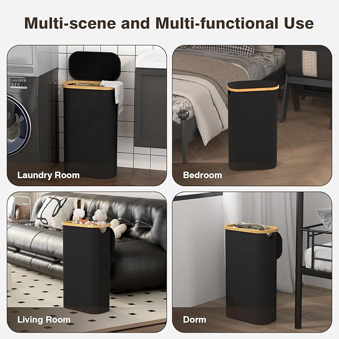 Bathola 75L Slim Laundry Hamper with Lid, Dirty Clothes Hampers for Laundry, Collapsible Laundry Baskets for Small Spaces, Bedroom, Bathroom, Laundry Room, Black