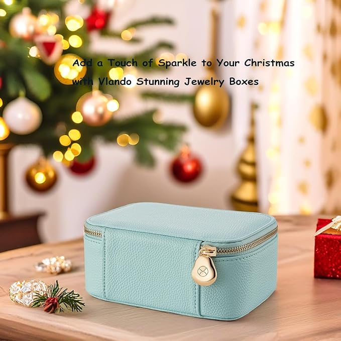 VLANDO Travel Jewelry Box Organizer – Portable PU Leather Jewelry Case with 6/8/12 Zippered Pouches, Compact Storage for Earrings Rings Necklaces Bracelets, Aqua Blue
