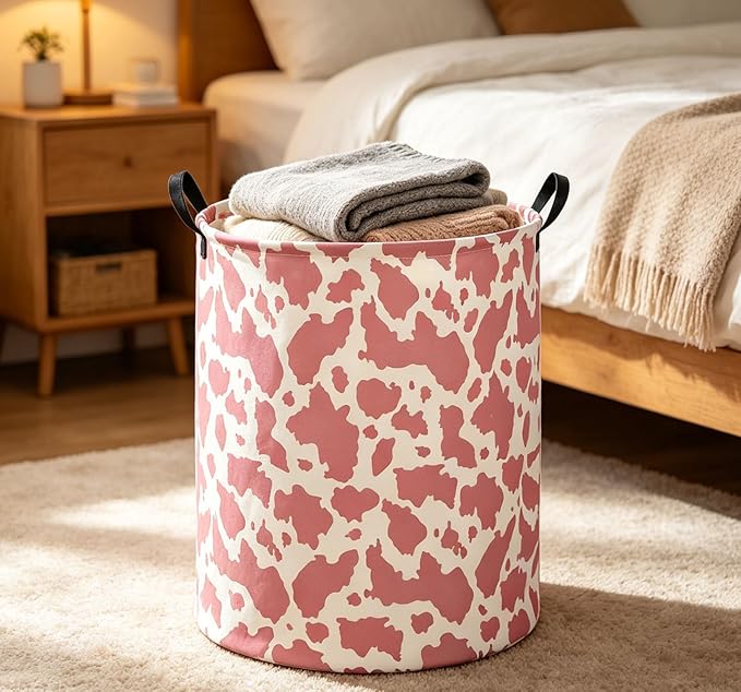 Kids Laundry Basket Cow Hamper for Nursery Pink Hamper Cute Kids Storage Bin Organizer Room Decor for Home(Pink cow)