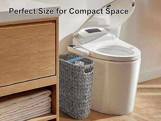 Coeusy 5 Gallon Wicker Trash Can,Wicker Bathroom Trash Can with Handles,Handwoven Waste Basket Waterproof Narrow Small Garbage Can for Bedroom,Bathroom,Office,Grey/20 Liters