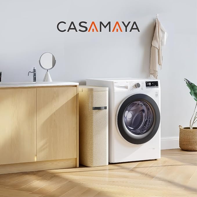 CASAMAYA Laundry Basket with Lid, Slim Laundry Hamper, 65L collapsible Laundry Organizer, Easy Assembly, with Handles and Removable Liners, 15.4 x 8.7 x 29.5 Inches, Beige JSP901M