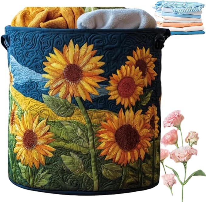 Quilted Laundry Basket with Handles, Boho Floral Fabric Storage Hamper, Large Soft Quilted Laundry Basket for Nursery, Bedroom, Laundry Room,Clothes & Toys (E, S)