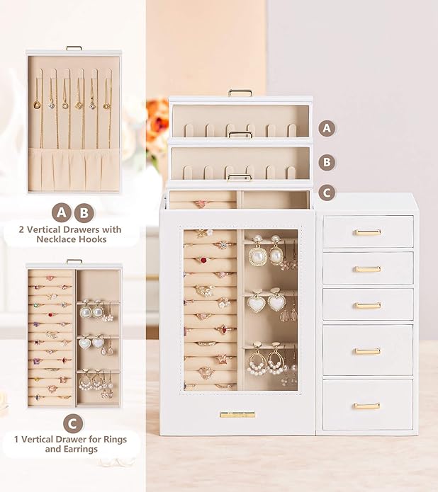 Homde Large Jewelry Box/Organizer/Case with Glass Window, Drawers for Necklaces Earrings Rings Bracelets Watches Gift for Women Girls