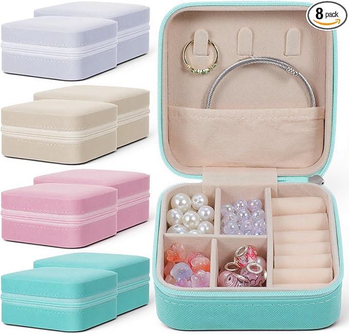 Mini Travel Jewelry Case, Portable Jewelry Organizer Box, Multi-Compartment Storage for Earrings, Necklaces, Rings, Gift for Women, Girls, 8 Pcs, 4 Colors