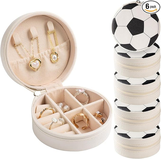 6 Pack Soccer Travel Jewelry Case Round Black and White Soccer Stuff Portable Jewelry Organizer Storage Case for Christmas Graduation Sports Team Club