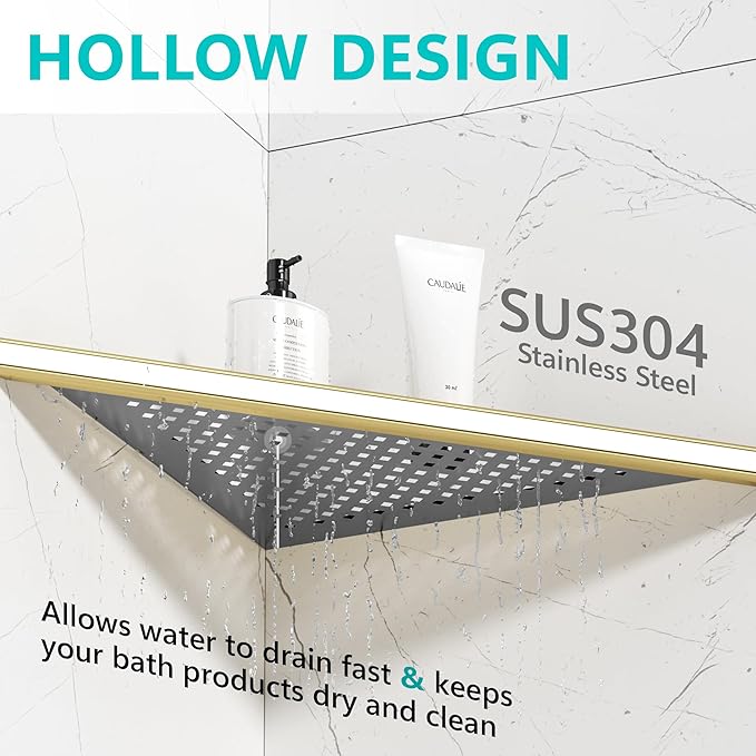 Qeke 2 Pack Bathroom Corner Shelf, Recessed 12" Corner Shower Shelf, SUS304 Stainless Steel Triangular Wall Mount, No Drilling, Brushed Golden