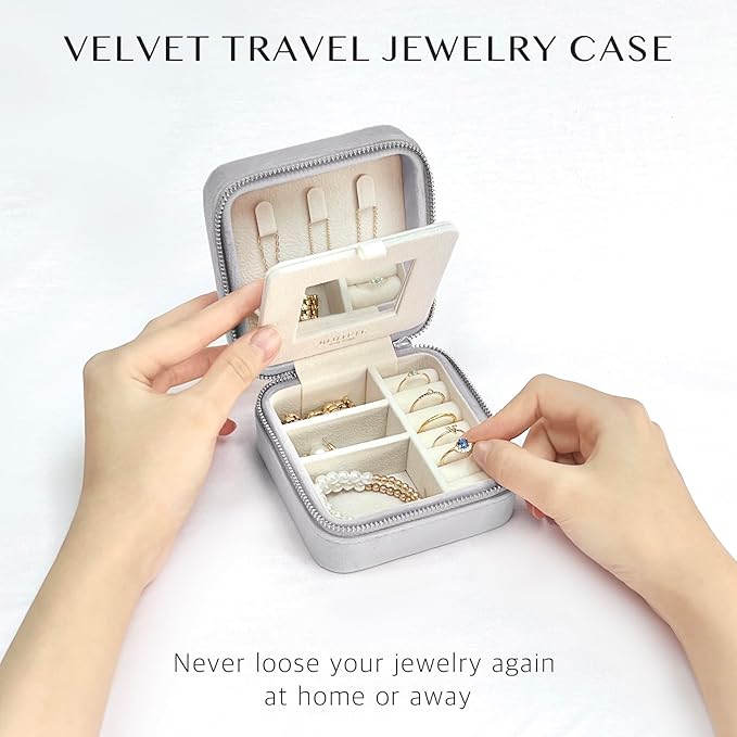 BLUTETE Travel Jewelry Box Organizer Velvet Travel Case With Mirror Rings Earrings Necklaces Storage Organizer Box (Milky Grey)