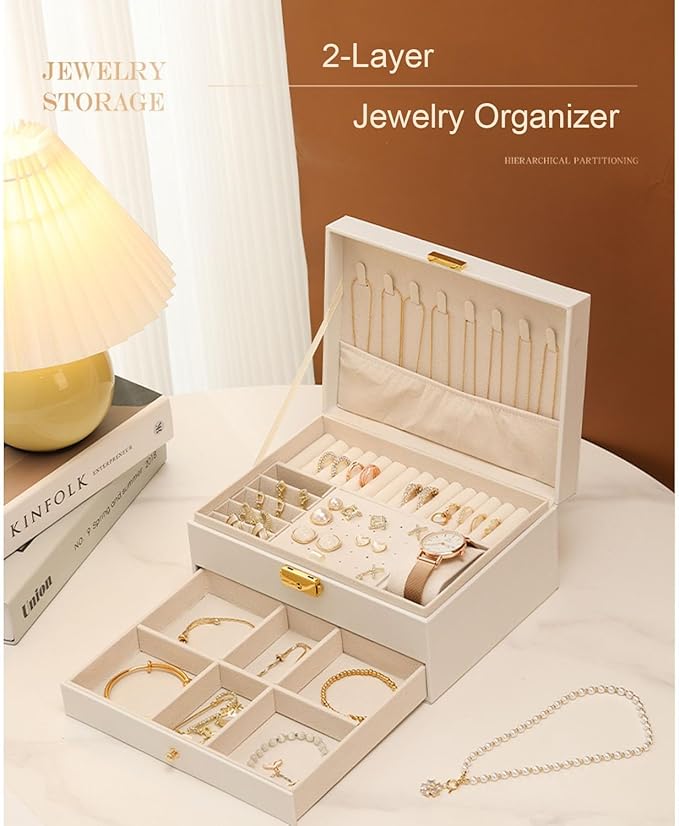 GUOER Jewelry Box for Women Girl Wife - Large PU Leather Jewelry Organizer Storage Case with Two Layers Display for Earrings Bracelets Rings Watches Mother's Day (White)