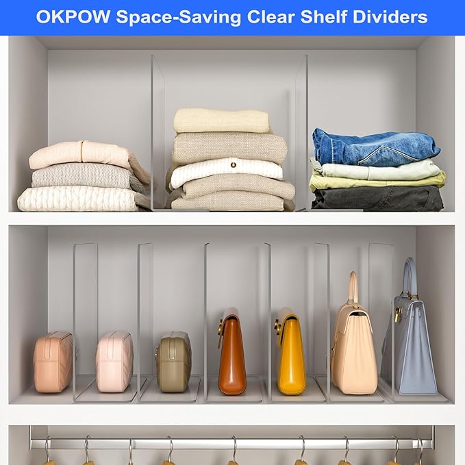 OKPOW Shelf Dividers Closet Organizer - 12" Tall X 11.8" Deep Acrylic Clear Sturdy Separate for Clothes Purse - Adjustable Space Saver Easy Install for Home Organization Enthusiasts 4 Pack