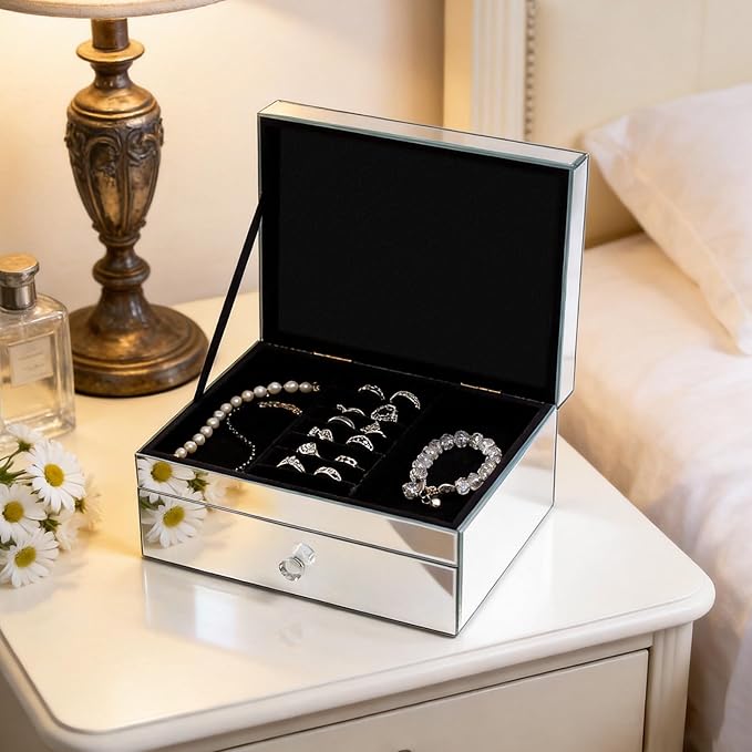 2 Layer Mirror Glass Jewelry Box with Crushed Diamond Decor, Velvet-Lined Trinket Organizer for Rings Earrings Necklaces Bracelets - Elegant Treasure Chest Storage Case for Women Girls