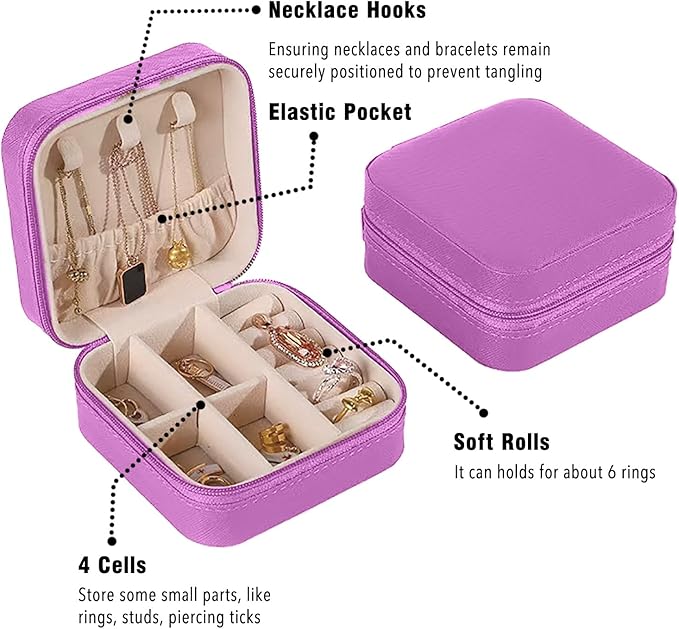 Small Travel Jewelry Box, Portable Mini Jewelry Leather Box Jewelry Ring Organizer Case Storage Holder Gift Boxes for Girls Women, Lilac purple