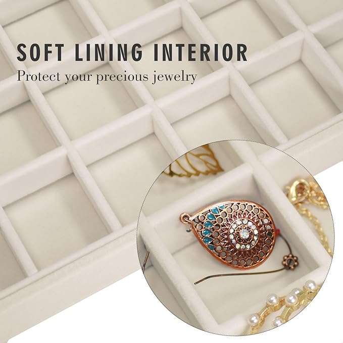 Siveit Velvet Jewelry Tray 48 Grid Jewelry Display Tray Organizer Box with Transparent Lid Rings Earrings Necklaces Pendants Display Box Suitable for Women and Girls (Beige)