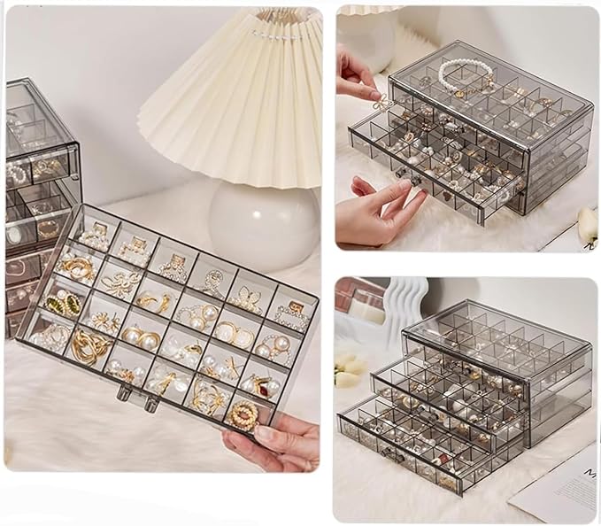 Earring Storage Box Organizer 3 Drawers Acrylic Jewelry Storage Box Holder Transparent Jewelry Display Stand with 72 Cells Gift for Women Girls