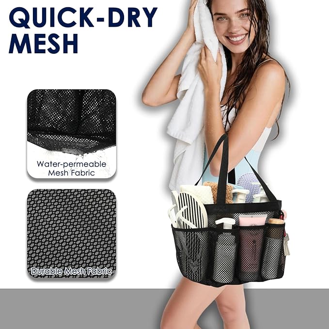GYEUKHAM Large Mesh Shower Caddy Portable with 8-Pocket for College Dorm Room Essentials,Quick-Dry Handing Shower Basket Tote Bag for Toiletry, Bathroom,Beach,Camp,Gym,Black