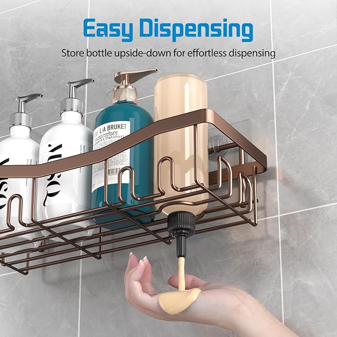 Youvip Adhesive Shower Caddy, No Drilling Bath Organizers 5 Pack, Rustproof Shelves with Soap Holder & Toothbrush Holder, Bathroom Organizers and Storage, Bronze