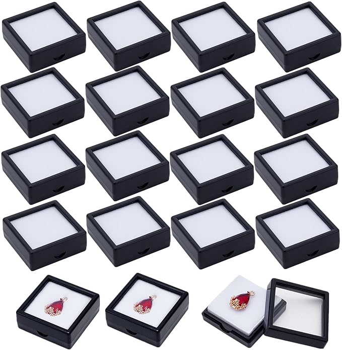 BENECREAT 24PCS Black Gemstone Display Box Jewelry Box Container with Clear Top Lids 1.5x1.5x0.6 for Gems, Jewelry, Crystal Diamond Accessories Display