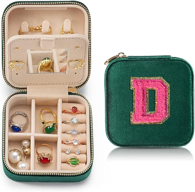 Personalized Velvet Travel Jewelry Case Box For Women Ring Necklace Earring Holder Organizer with Mirror Green Girls Box Birthday Gifts Mom Initial D