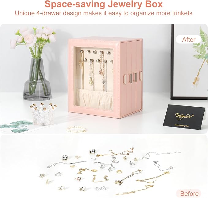 DesignSter Jewelry Box Organizer, Jewelry Box for Women, PU Jewelry Organizer Display Case with Side Drawers, Jewelry Storage for Earring Necklace Ring Bracelet Watch