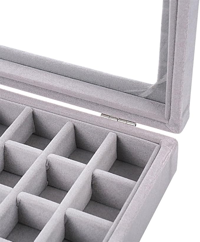 24 Grids Velvet Glass Ring Earrings Jewelry Box Earrings Organiser Storage Holder Display Case
