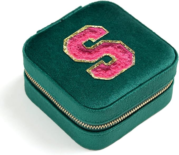 Personalized Velvet Travel Jewelry Case Box For Women Ring Necklace Earring Holder Organizer with Mirror Green Girls Box Birthday Gifts Mom Initial S